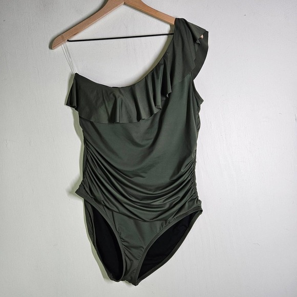 Hilor‎ One Shoulder One Piece Swimsuit 16 Olive Green Asymmetrical Ruffle - Picture 3 of 12
